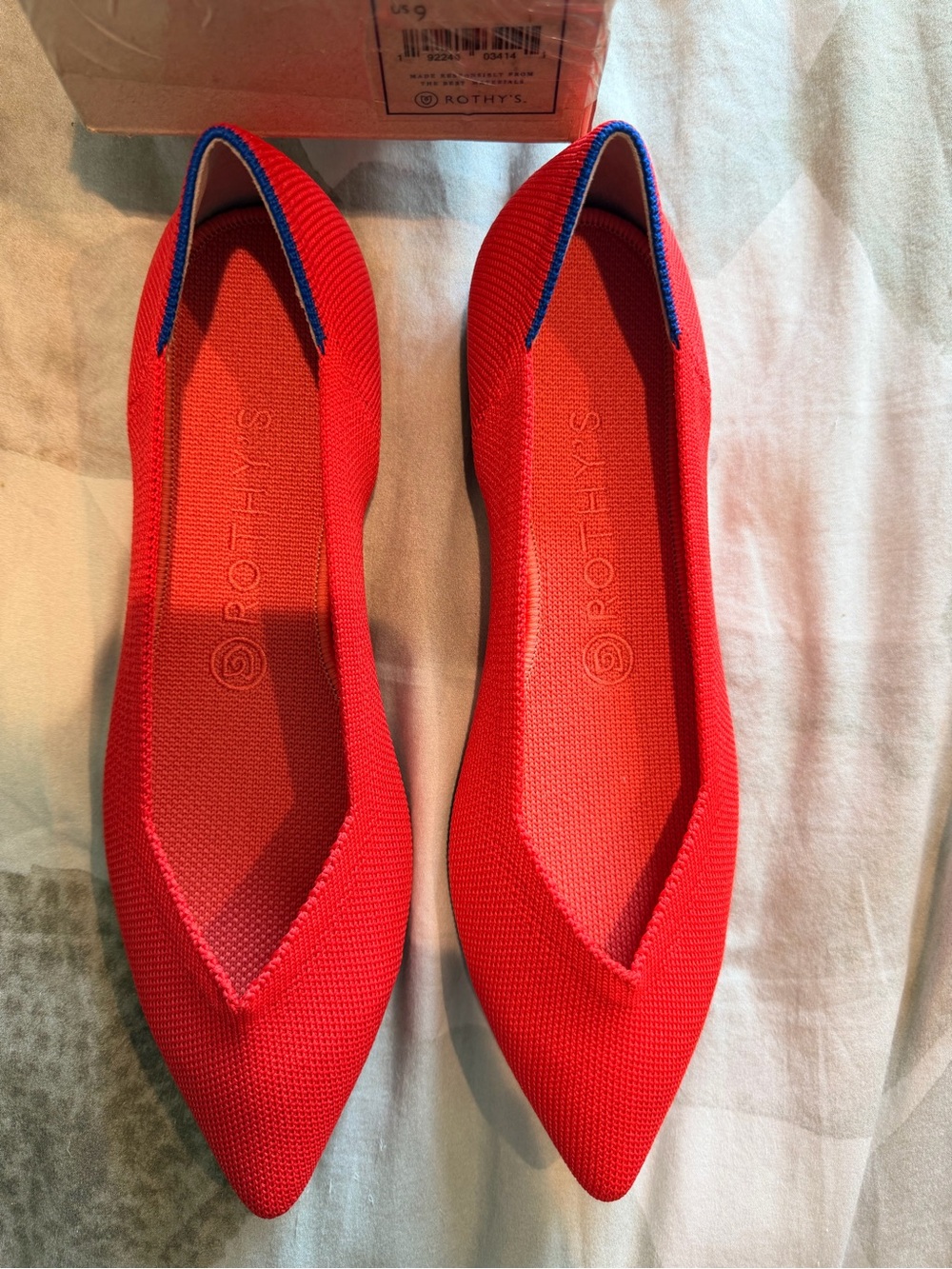 Rothy's Women's The Point II Pointed Red Knit Flats with Blue Trim